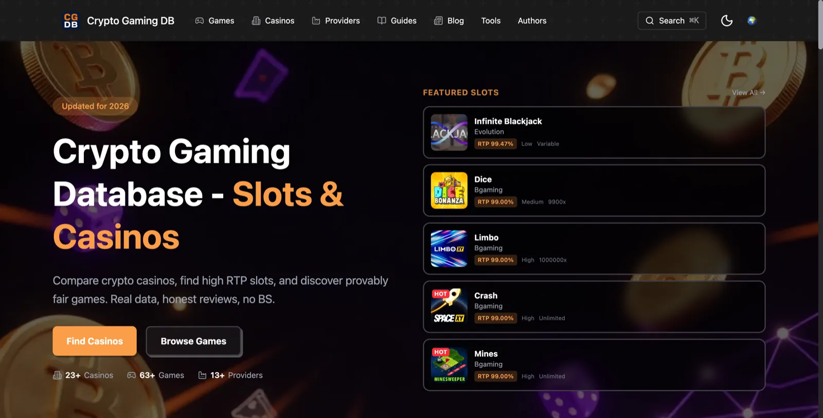 Crypto Gaming DB homepage screenshot — Honest reviews of crypto casinos and provably fair slots