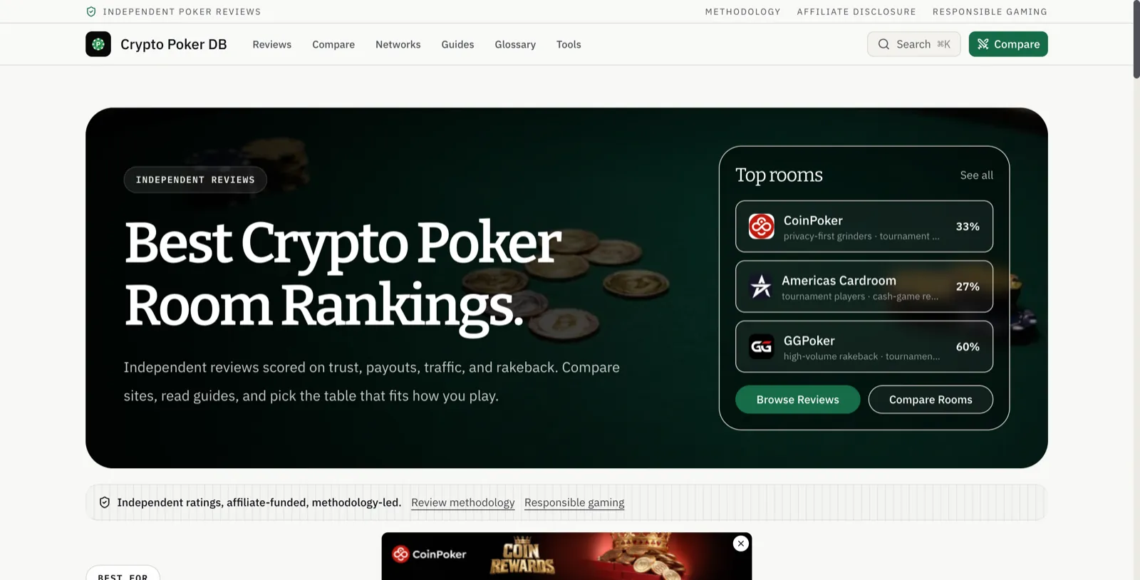 Crypto Poker DB homepage screenshot — Independent reviews of crypto poker rooms