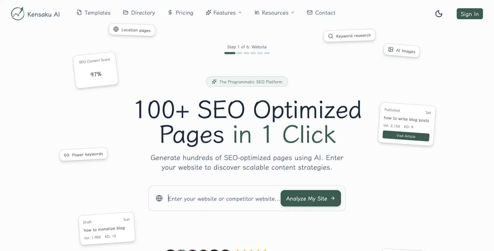 Kensaku AI homepage screenshot — Programmatic SEO without the spam