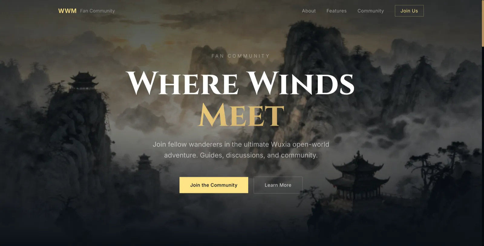 Where Winds Meet homepage screenshot — An unofficial fan site for the wuxia RPG